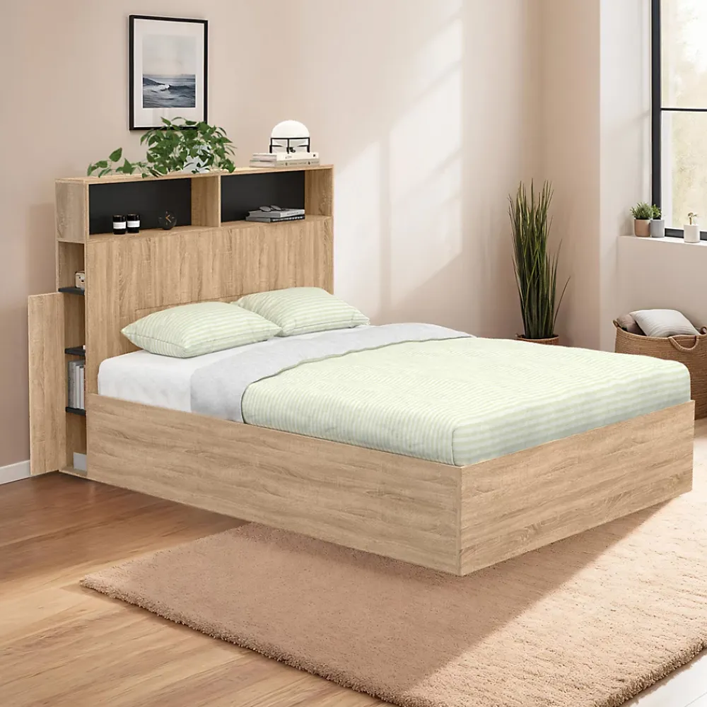 IDMarket Lit coffre double CLYDE avec tête de lit + rangements et sommier 140 x 190 cm façon hêtre et noir* Lit Coffre