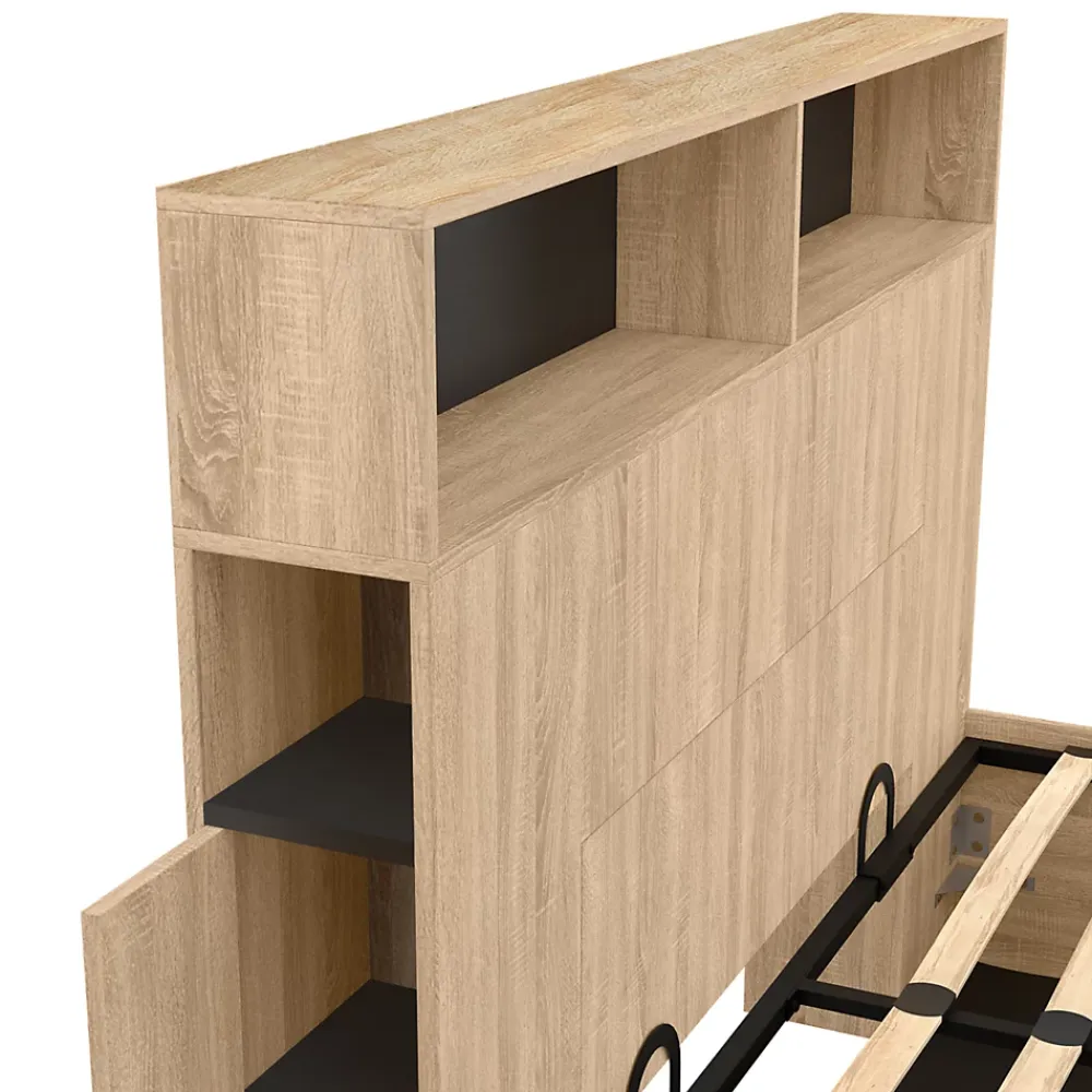 IDMarket Lit coffre double CLYDE avec tête de lit + rangements et sommier 140 x 190 cm façon hêtre et noir* Lit Coffre