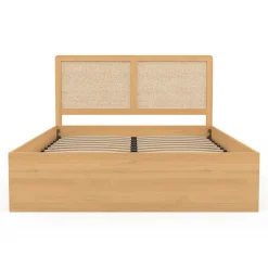 IDMarket Lit coffre double EDHEN avec tête de lit cannage et sommier 140 x 190 cm coloris bois* Lit Coffre