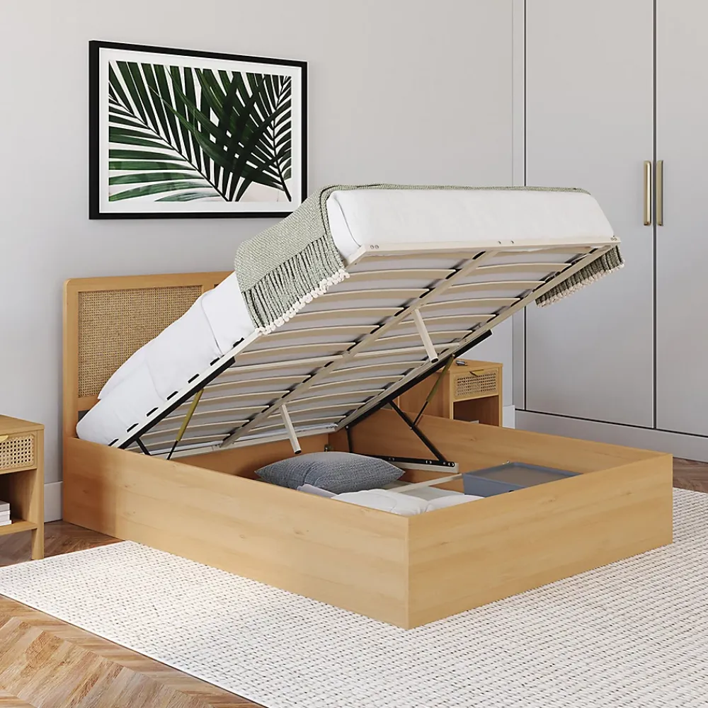IDMarket Lit coffre double EDHEN avec tête de lit cannage et sommier 140 x 190 cm coloris bois* Lit Coffre