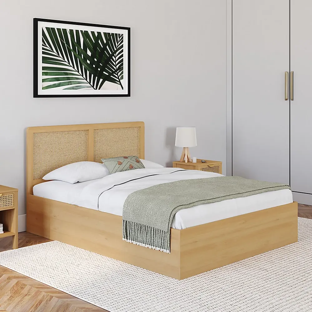 IDMarket Lit coffre double EDHEN avec tête de lit cannage et sommier 140 x 190 cm coloris bois* Lit Coffre