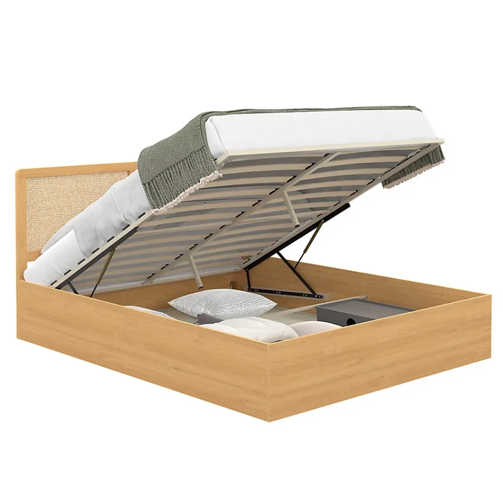 IDMarket Lit coffre double EDHEN avec tête de lit cannage et sommier 140 x 190 cm coloris bois* Lit Coffre