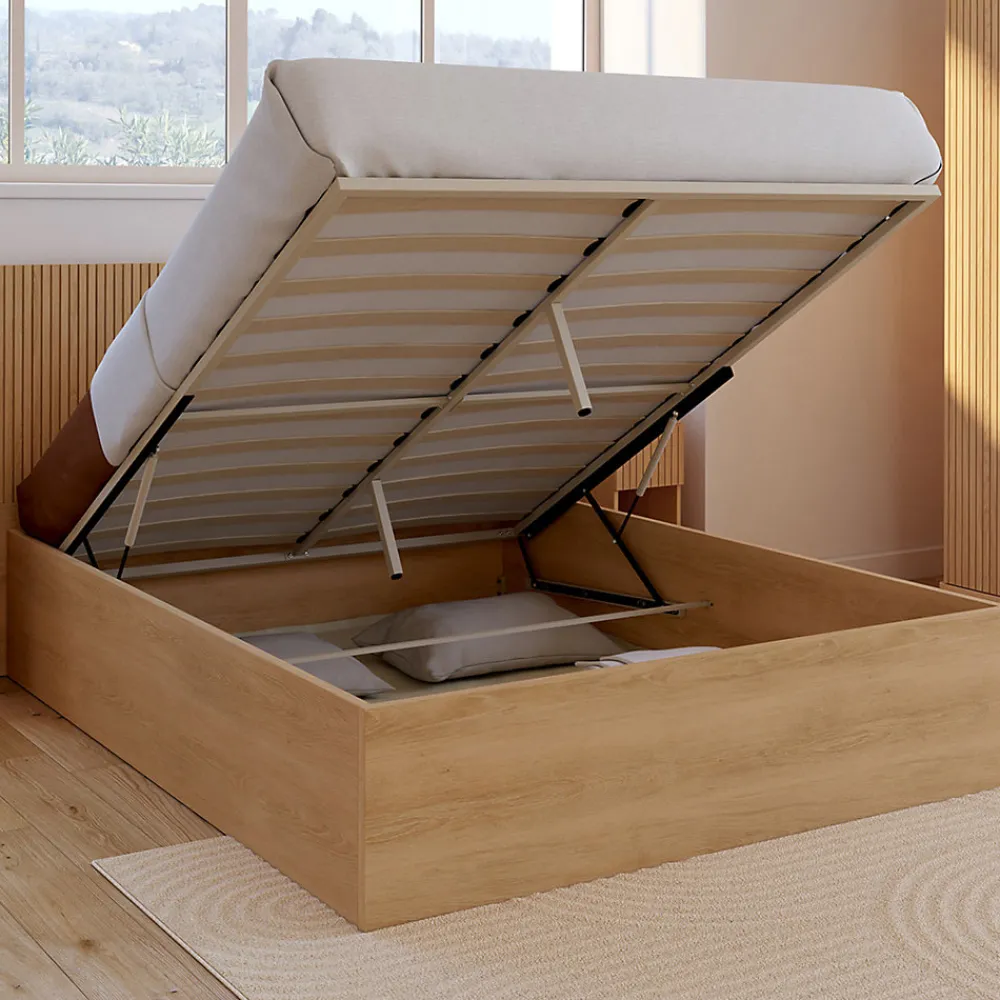Lit coffre double JULIETTE avec tête de lit et sommier 140 x 190 cm effet lattes et bois>IDMarket New