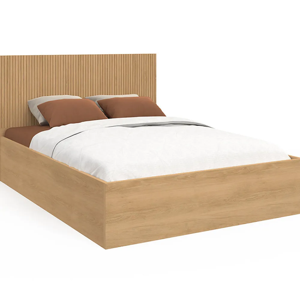Lit coffre double JULIETTE avec tête de lit et sommier 140 x 190 cm effet lattes et bois>IDMarket New