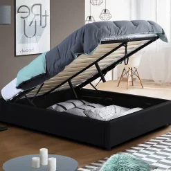 IDMarket Lit coffre double MIAMI avec sommier 140 x 190 cm PVC noir* Lit Avec Rangement