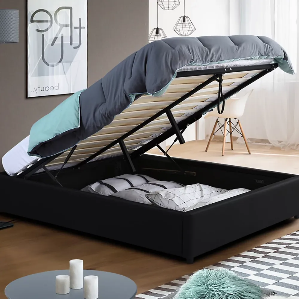IDMarket Lit coffre double MIAMI avec sommier 140 x 190 cm PVC noir* Lit Avec Rangement