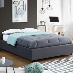 IDMarket Lit coffre double MIAMI avec sommier 140 x 190 cm PVC gris* Lit Avec Rangement