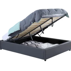 IDMarket Lit coffre double MIAMI avec sommier 140 x 190 cm PVC gris* Lit Avec Rangement