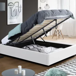 IDMarket Lit coffre double MIAMI avec sommier 160 x 200 cm PVC blanc* Lit Coffre