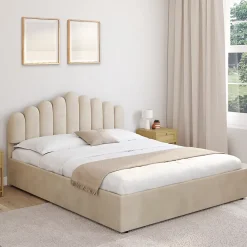 IDMarket Lit coffre double NOELIE avec tête de lit et sommier 160 x 200 cm velours beige* Lit Avec Rangement