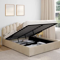 IDMarket Lit coffre double NOELIE avec tête de lit et sommier 160 x 200 cm velours beige* Lit Avec Rangement