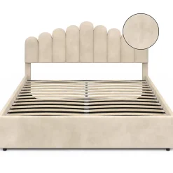 IDMarket Lit coffre double NOELIE avec tête de lit et sommier 160 x 200 cm velours beige* Lit Avec Rangement