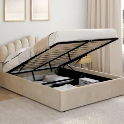 Lit coffre double NOELIE avec tête de lit et sommier 140 x 190 cm velours beige>IDMarket New