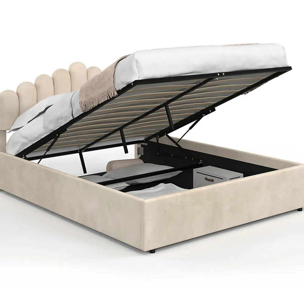 Lit coffre double NOELIE avec tête de lit et sommier 140 x 190 cm velours beige>IDMarket New
