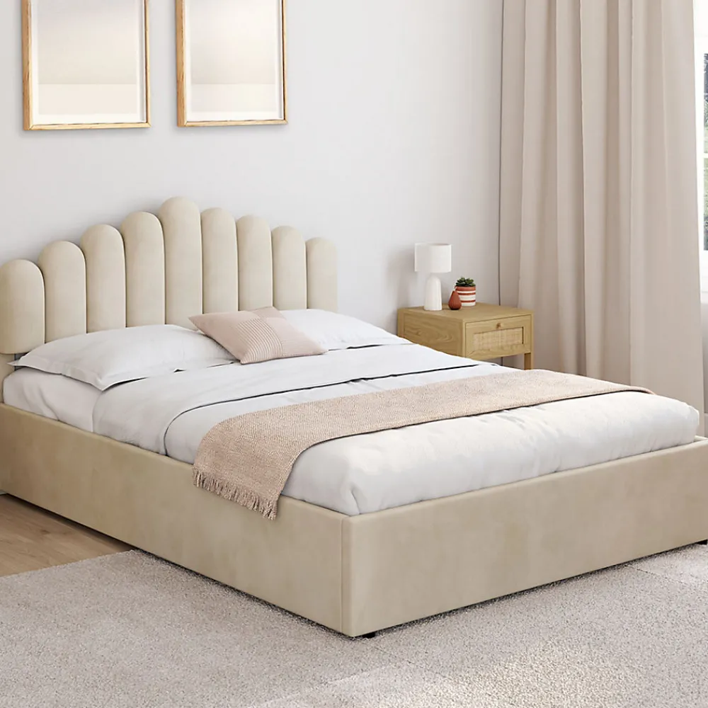 Lit coffre double NOELIE avec tête de lit et sommier 140 x 190 cm velours beige>IDMarket New