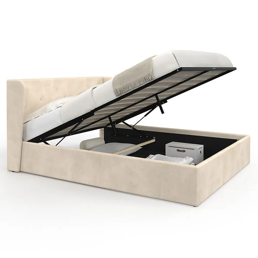 Lit coffre double OREA avec tête de lit enveloppante à oreilles et sommier 140 x 190 cm velours beige>IDMarket Hot
