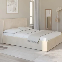 Lit coffre double OREA avec tête de lit enveloppante à oreilles et sommier 140 x 190 cm velours beige>IDMarket Hot
