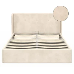 Lit coffre double OREA avec tête de lit enveloppante à oreilles et sommier 140 x 190 cm velours beige><noscript><img width=