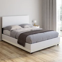 IDMarket Lit coffre double OWEN avec LED intégrées + tête de lit et sommier 140 x 190 cm PVC blanc* Lit Avec Rangement
