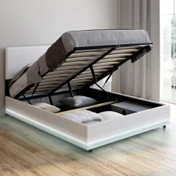 IDMarket Lit coffre double OWEN avec LED intégrées + tête de lit et sommier 140 x 190 cm PVC blanc* Lit Avec Rangement