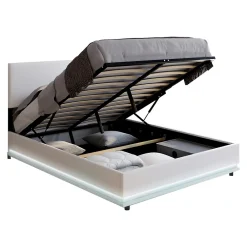 IDMarket Lit coffre double OWEN avec LED intégrées + tête de lit et sommier 140 x 190 cm PVC blanc* Lit Avec Rangement