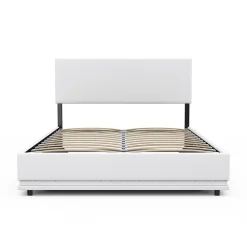 IDMarket Lit coffre double OWEN avec LED intégrées + tête de lit et sommier 140 x 190 cm PVC blanc* Lit Avec Rangement