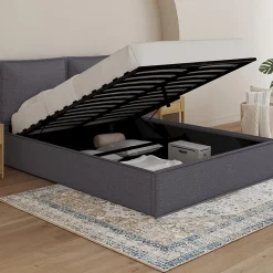 IDMarket Lit coffre double PILOU avec tête de lit oreiller et sommier 140 x 190 cm tissu gris anthracite* Lit Avec Rangement