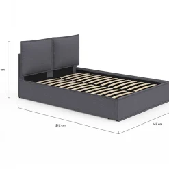 IDMarket Lit coffre double PILOU avec tête de lit oreiller et sommier 140 x 190 cm tissu gris anthracite* Lit Avec Rangement