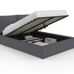 IDMarket Lit coffre double PILOU avec tête de lit oreiller et sommier 140 x 190 cm tissu gris anthracite* Lit Avec Rangement
