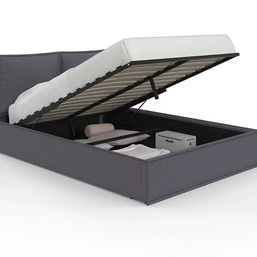 IDMarket Lit coffre double PILOU avec tête de lit oreiller et sommier 140 x 190 cm tissu gris anthracite* Lit Avec Rangement