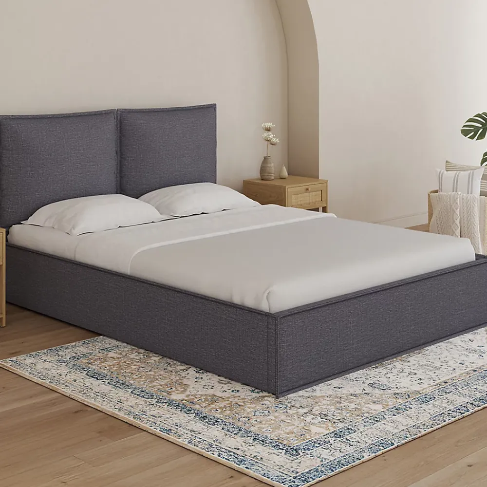 IDMarket Lit coffre double PILOU avec tête de lit oreiller et sommier 140 x 190 cm tissu gris anthracite* Lit Avec Rangement