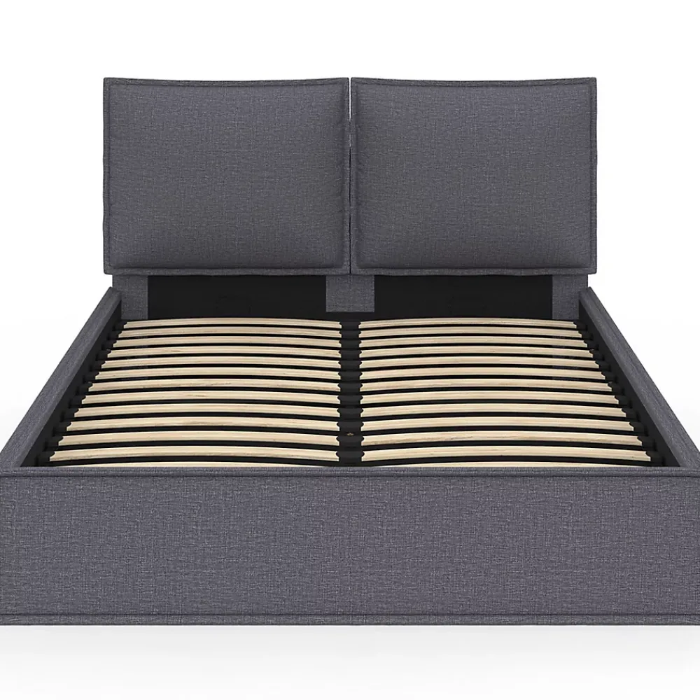 IDMarket Lit coffre double PILOU avec tête de lit oreiller et sommier 140 x 190 cm tissu gris anthracite* Lit Avec Rangement