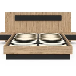 IDMarket Lit coffre double SANTA avec tête de lit + tables de chevets intégrées et sommier 140 x 190 cm bois et noir* Lit Avec Rangement