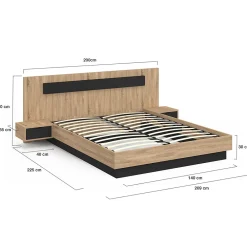 IDMarket Lit coffre double SANTA avec tête de lit + tables de chevets intégrées et sommier 140 x 190 cm bois et noir* Lit Avec Rangement
