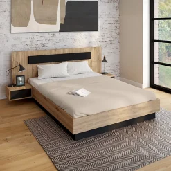 IDMarket Lit coffre double SANTA avec tête de lit + tables de chevets intégrées et sommier 140 x 190 cm bois et noir* Lit Avec Rangement