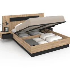 IDMarket Lit coffre double SANTA avec tête de lit + tables de chevets intégrées et sommier 140 x 190 cm bois et noir* Lit Avec Rangement
