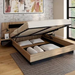 IDMarket Lit coffre double SANTA avec tête de lit + tables de chevet intégrées et sommier 160 x 200 cm bois et noir* Lit Avec Rangement