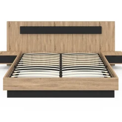 IDMarket Lit coffre double SANTA avec tête de lit + tables de chevet intégrées et sommier 160 x 200 cm bois et noir* Lit Avec Rangement