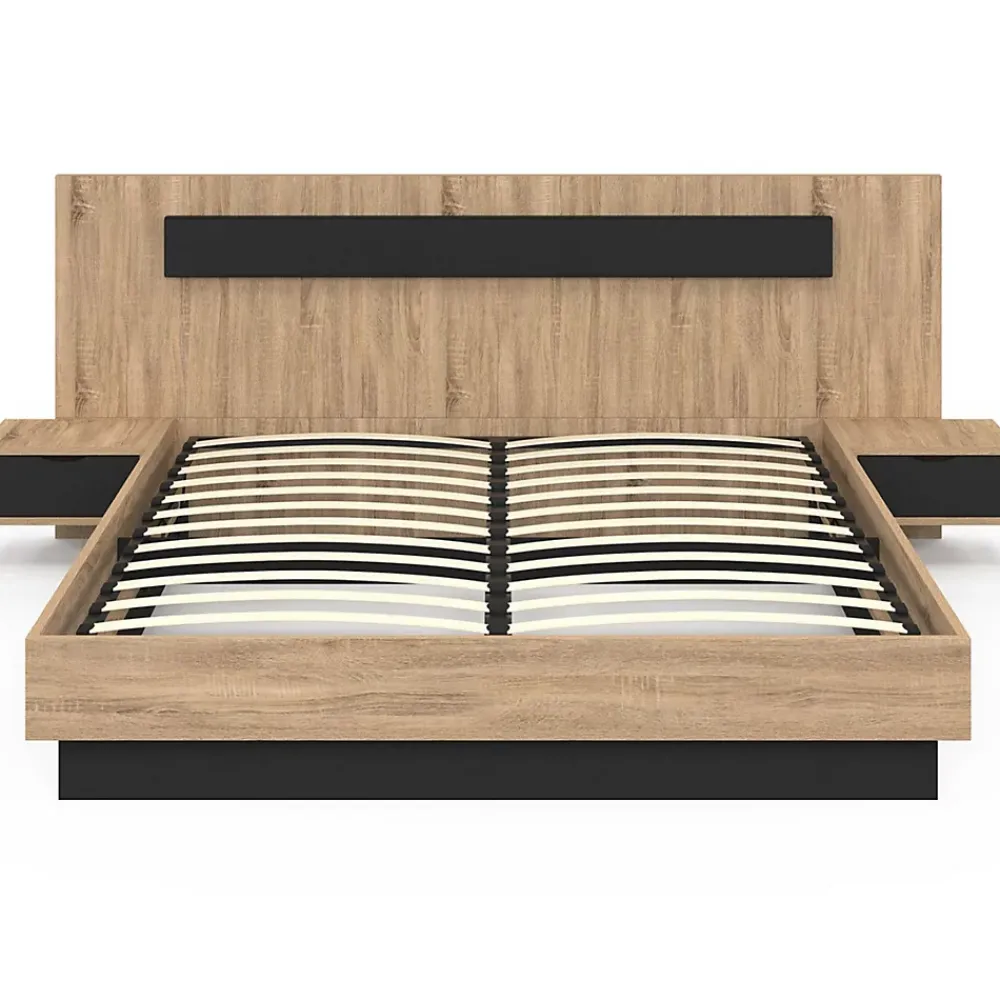 IDMarket Lit coffre double SANTA avec tête de lit + tables de chevet intégrées et sommier 160 x 200 cm bois et noir* Lit Avec Rangement