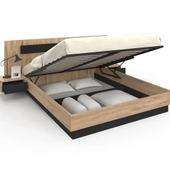 IDMarket Lit coffre double SANTA avec tête de lit + tables de chevet intégrées et sommier 160 x 200 cm bois et noir* Lit Avec Rangement
