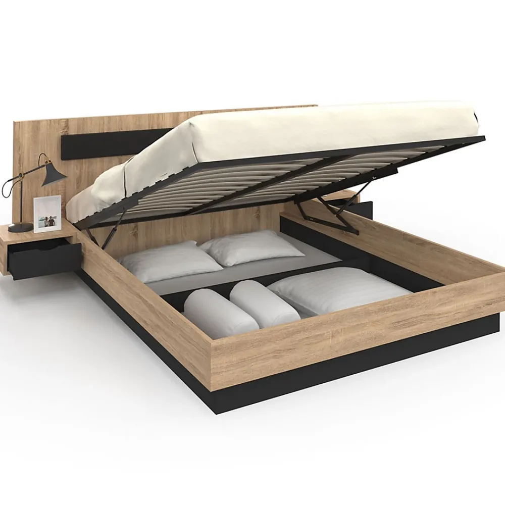 IDMarket Lit coffre double SANTA avec tête de lit + tables de chevet intégrées et sommier 160 x 200 cm bois et noir* Lit Avec Rangement