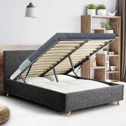 IDMarket Lit coffre double scandinave LULEA avec tête de lit et sommier 140 x 190 cm tissu gris anthracite* Lit Avec Rangement