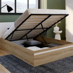 Lit coffre double SEASIDE avec tête de lit et sommier 140 x 190 cm façon hêtre et blanc>IDMarket Discount