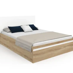 Lit coffre double SEASIDE avec tête de lit et sommier 140 x 190 cm façon hêtre et blanc><noscript><img width=