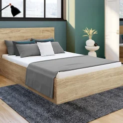 Lit coffre double SEASIDE avec tête de lit et sommier 160 x 200 cm façon hêtre><noscript><img width=