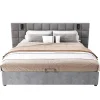 Urban Meuble Lit coffre double velours gris, tête de lit damier avec prise USB* Lit Double