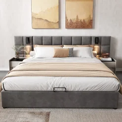 Urban Meuble Lit coffre double velours gris, tête de lit damier avec prise USB* Lit Double