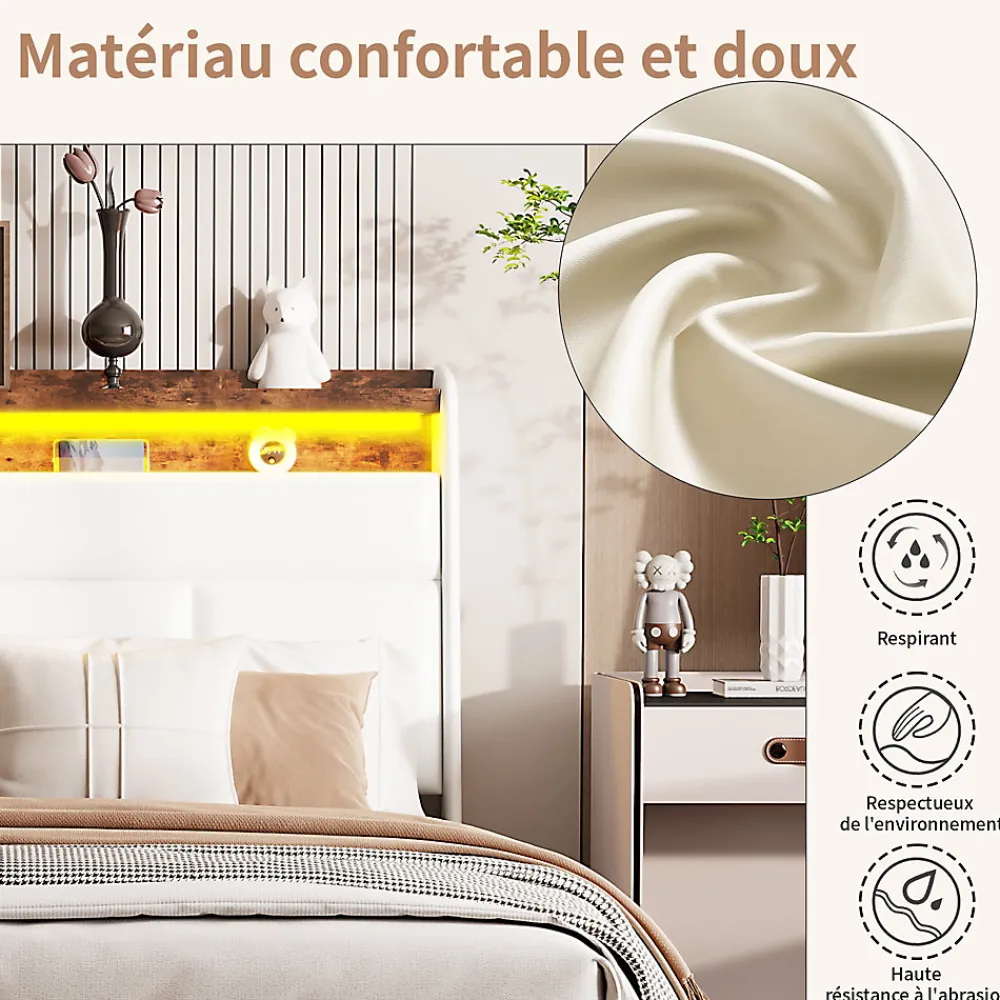 Lit coffre double 160x200 avec sommier et USB, LED, Cadre de lit avec Rangement et Tete de Lit, Blanc>Generique