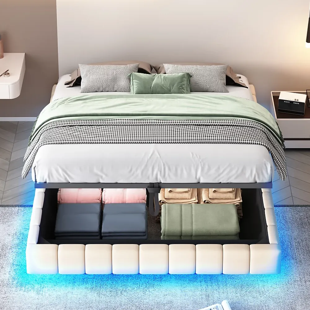 Okwish Lit Coffre Double 160x200 cm - avec Sommier à Ressorts et Rangement Intégré, LED Incluse, Sans Matelas, Tissu Lin Beige* Lit Coffre