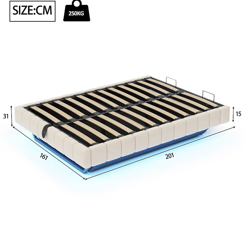 Okwish Lit Coffre Double 160x200 cm - avec Sommier à Ressorts et Rangement Intégré, LED Incluse, Sans Matelas, Tissu Lin Beige* Lit Coffre